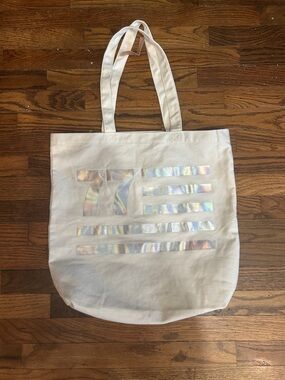 American Eagle Outfitters White Canvas Tote with Iridescent Stripes